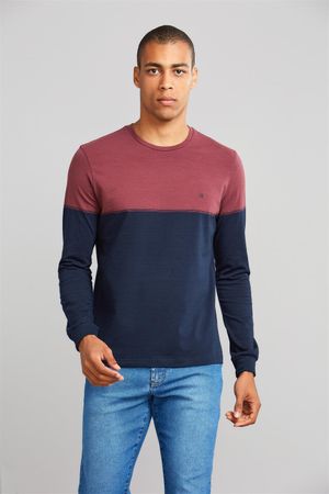 Camiseta Manga Longa Malha Slim Fit - Vinho / Azul Marinho