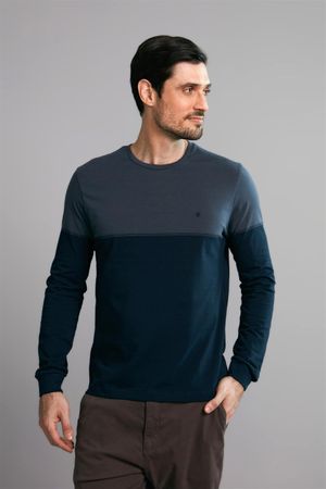 Camiseta Manga Longa Malha Slim Fit - Cinza Grafite / Azul Marinho