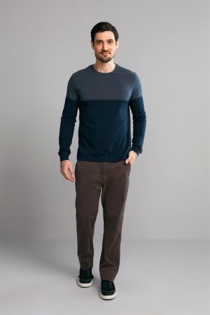 Camiseta Manga Longa Malha Slim Fit - Cinza Grafite / Azul Marinho