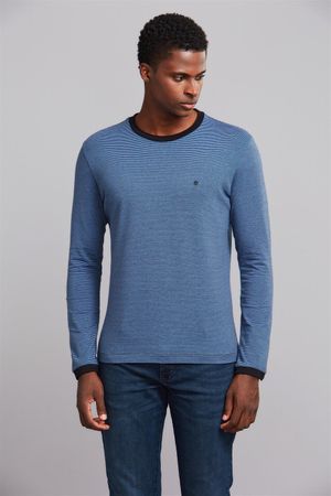 Camiseta Manga Longa Malha Slim Fit - Preto / Azul