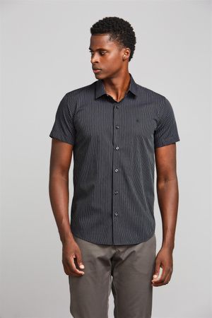 Camisa Manga Curta Fio Tinto Slim Fit - Preto