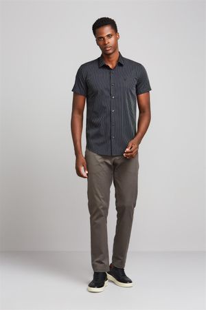 Camisa Manga Curta Fio Tinto Slim Fit - Preto
