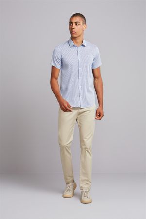 Camisa Manga Curta Fio Tinto Slim Fit - Azul Medio