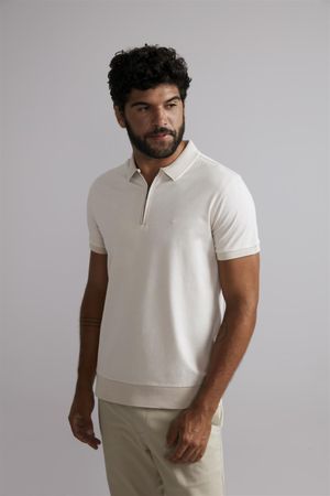 Polo com Ziper Malha Slim Fit - Bege Areia / Creme