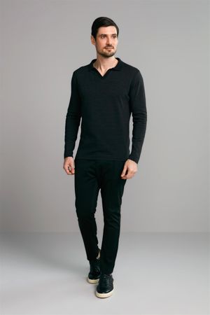 Polo Manga Longa Slim Fit - Preto