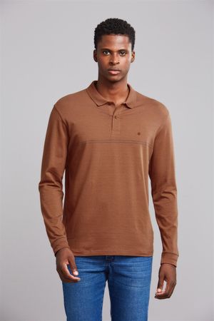 Polo Manga Longa Comfort Malha - Marrom / Cinza Escuro