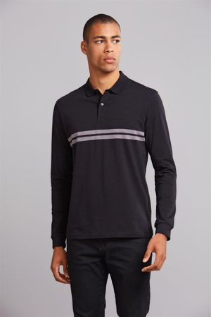 Polo Manga Longa Malha Slim Fit - Preto / Cinza Escuro