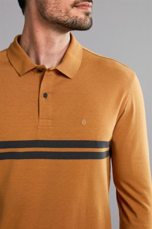 Polo Manga Longa Malha Slim Fit - Marrom Caramelo / Cinza Chumbo