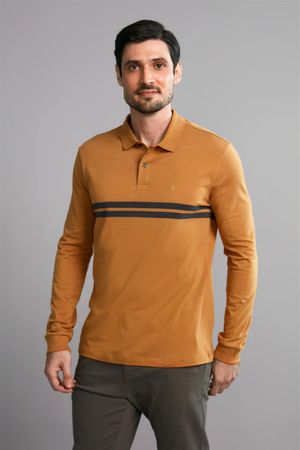 Polo Manga Longa Malha Slim Fit - Marrom Caramelo / Cinza Chumbo