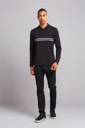 Polo Manga Longa Malha Slim Fit - Preto / Cinza Escuro