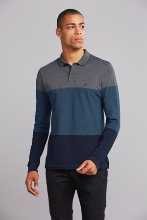 Polo Manga Longa Piquet Slim Fit - Cinza Escuro / Azul Marinho