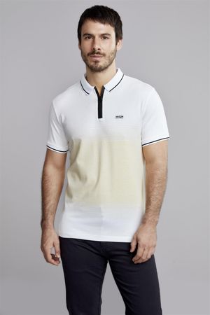 Camisa Polo com Zíper Malha Slim Fit - Branco / Marrom Amêndoa