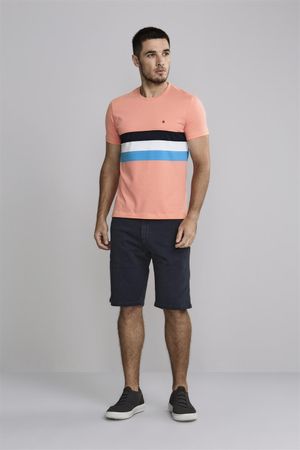 Camiseta Malha Slim Fit - Rosa Salmão / Azul Marinho