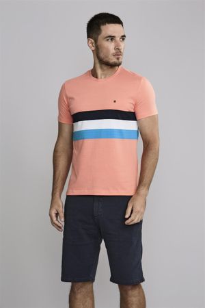 Camiseta Malha Slim Fit - Rosa Salmão / Azul Marinho