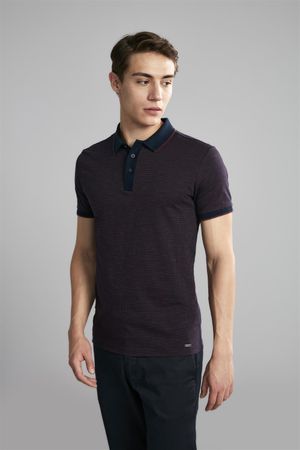 Polo Manga Curta Premium Jacquart Slim Fit - Azul Marinho /  Rosa Sagu