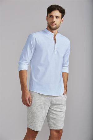 Bata Manga Longa Gola Padre Comfort Slub - Azul Bebê