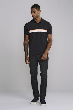 Polo Manga Curta Malha Slim Fit - Preto / Rosa Salmão