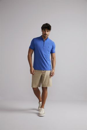 Polo Manga Curta com Zíper Básica Malha Slim Fit - Azul Bic