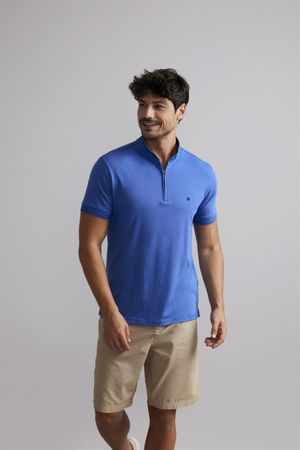 Polo Manga Curta com Zíper Básica Malha Slim Fit - Azul Bic