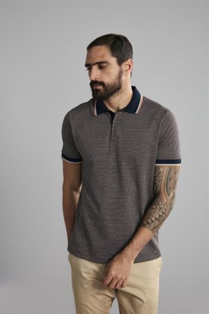 Polo Manga Curta Comfort Premium Jacquard - Azul Marinho / Marrom Caramelo