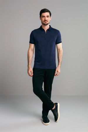 Polo Manga Curta com Zíper Premium Jacquard Slim Fit - Azul Marinho / Azul Noturno