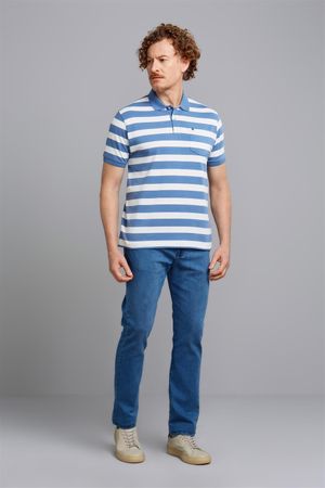 Polo Manga Curta com Bolso Comfort Malha - Azul Jeans / Creme