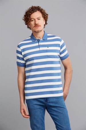 Polo Manga Curta com Bolso Comfort Malha - Azul Jeans / Creme