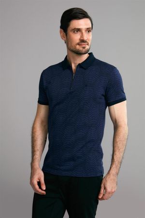 Polo Manga Curta com Zíper Premium Jacquard Slim Fit - Azul Marinho / Azul Noturno
