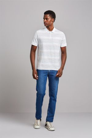 Polo Manga Curta com Bolso Comfort Malha - Branco/ Azul Ceu