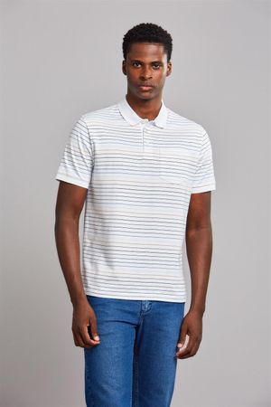 Polo Manga Curta com Bolso Comfort Malha - Branco/ Azul Ceu