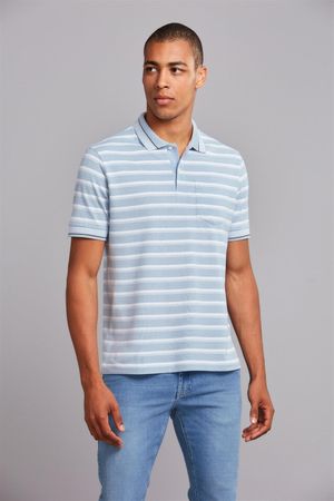 Polo Manga Curta Comfort Piquet - Azul Ceu / Branco