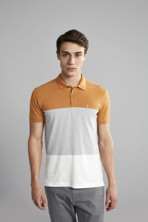 Polo Manga Curta Piquet Slim Fit - Marrom Caramelo / Cinza Médio