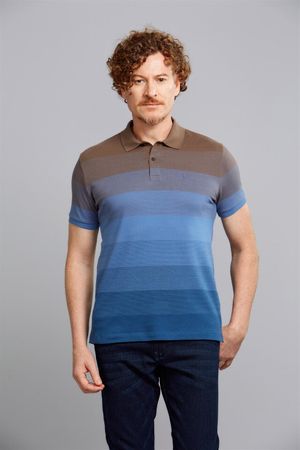 Polo Manga Curta Office Piquet Slim Fit - Marrom Telha / Azul Médio