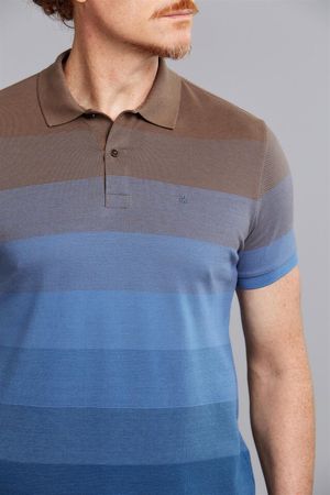 Polo Manga Curta Office Piquet Slim Fit - Marrom Telha / Azul Médio