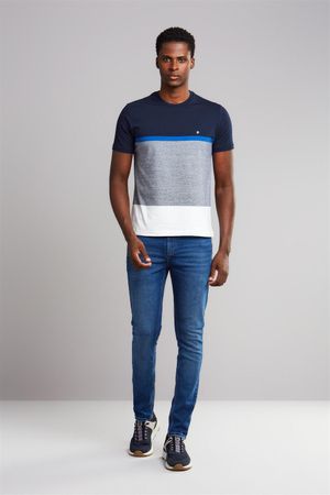 Camiseta Manga Curta Malha Slim Fit - Azul Marinho / Branco