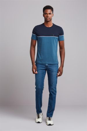 Camiseta Manga Curta Malha Slim Fit - Azul Marinho / Azul Médio