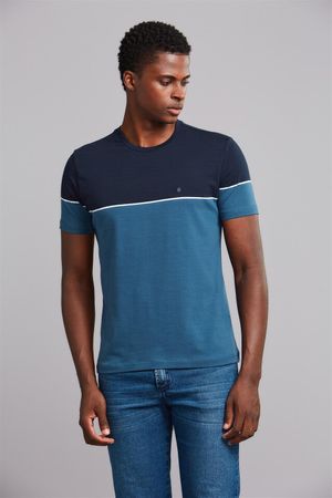 Camiseta Manga Curta Malha Slim Fit - Azul Marinho / Azul Médio