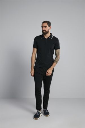 Polo Manga Curta Com Zíper Premium Malha Slim Fit - Preto