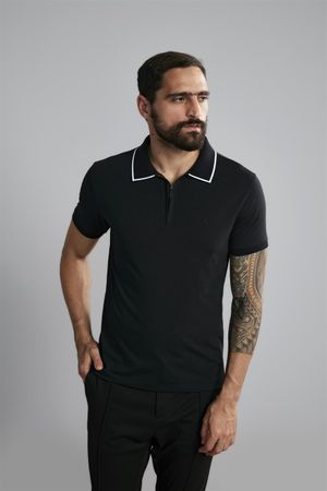 Polo Manga Curta Com Zíper Premium Malha Slim Fit - Preto