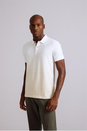 Camisa Polo Malha Slim Fit - Branco / Bege Areia