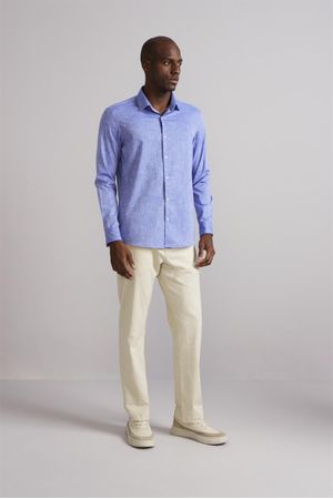 Camisa Linen Blend Slim Fit - Azul Médio
