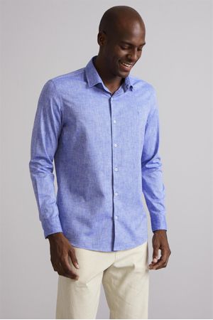 Camisa Linen Blend Slim Fit - Azul Médio
