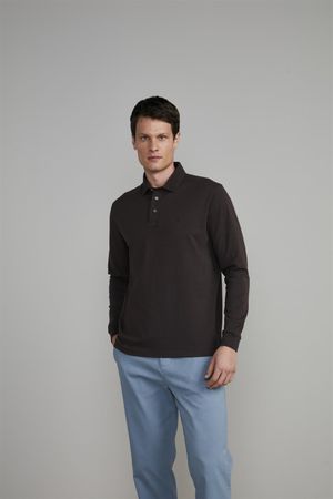 Camisa Polo Manga Longa Malha Comfort - Marrom