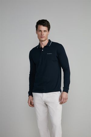 Camisa Polo Manga Longa Malha Slim Fit - Azul Marinho