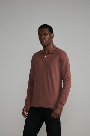 Camisa Polo Manga Longa Malha Slim Fit - Marrom Castanho