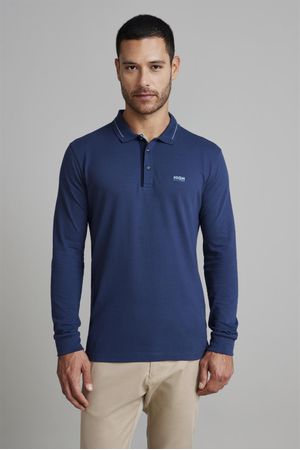 Camisa Polo Manga Longa Piquet Slim Fit - Azul Petróleo