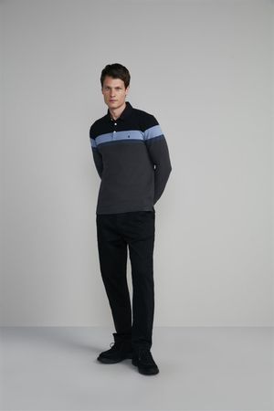 Camisa Polo Manga Longa Piquet Slim Fit - Preto / Cinza Chumbo