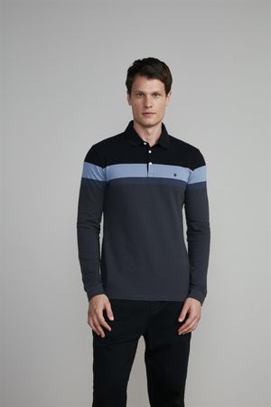 Camisa Polo Manga Longa Piquet Slim Fit - Preto / Cinza Chumbo