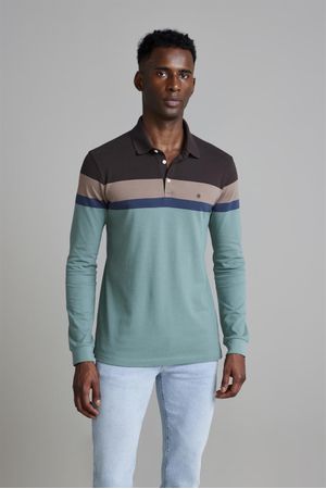 Camisa Polo Manga Longa Piquet Slim Fit - Marrom / Verde Malva