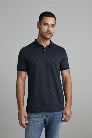 Camisa Polo Jacquard Slim Fit - Azul Marinho / Cinza Chumbo